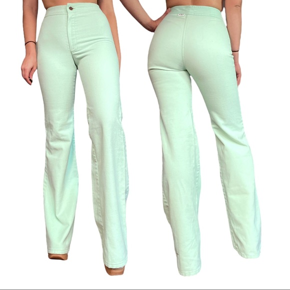 Vintage 70s High Rise Bell Bottom Jeans in Mint Green Pastel 25” Waist - Picture 2 of 5